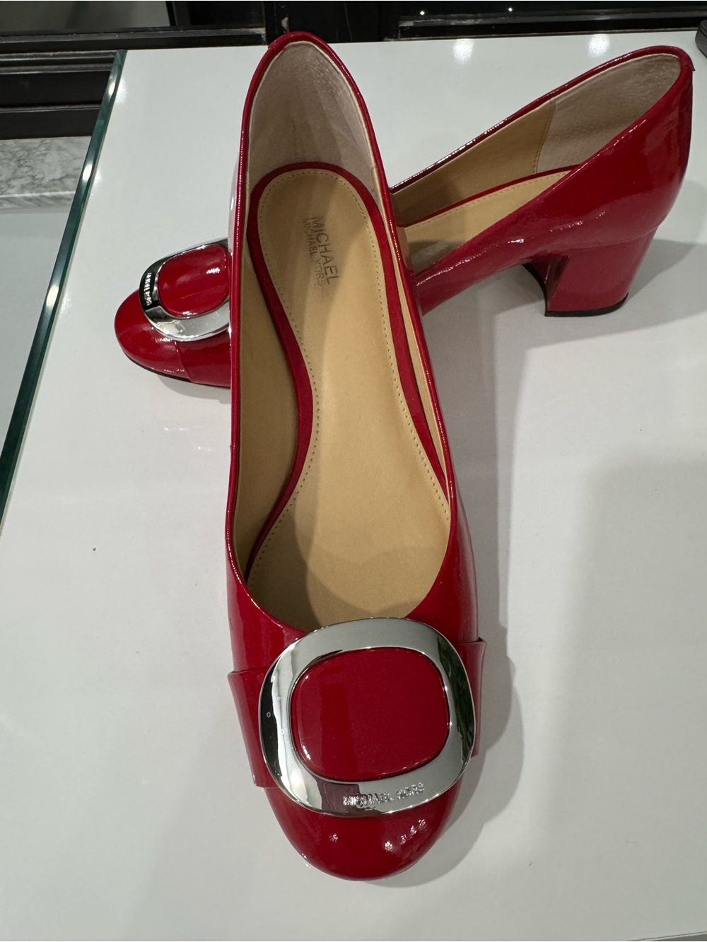 Michael Kors Red Patent Leather Block 2” Heel Pumps with Silver Buckle. Size 10M